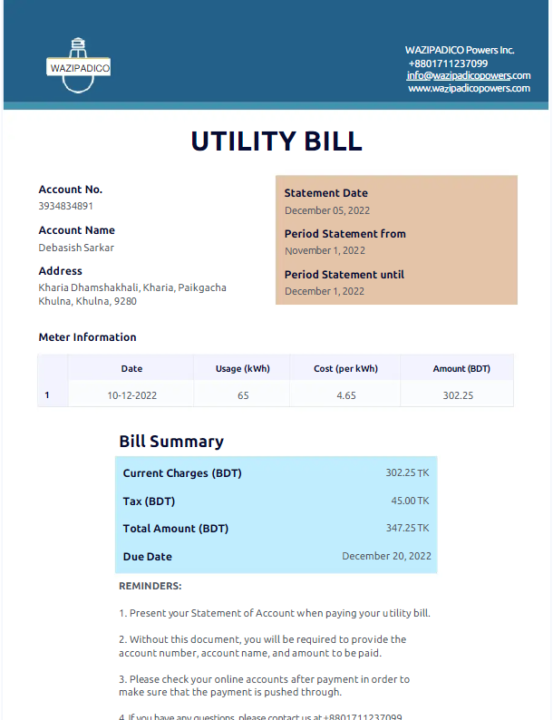 BANGLADESH WAZIPADICO POWER utility bill Word and PDF template